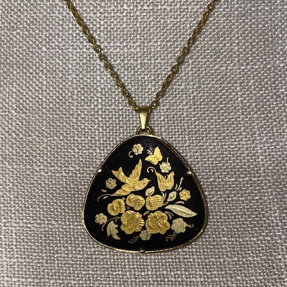 Damascene Spanish Black & Gold-Tone Engraved Inlay Flower Bird Vintage Necklace - Picture 5 of 16